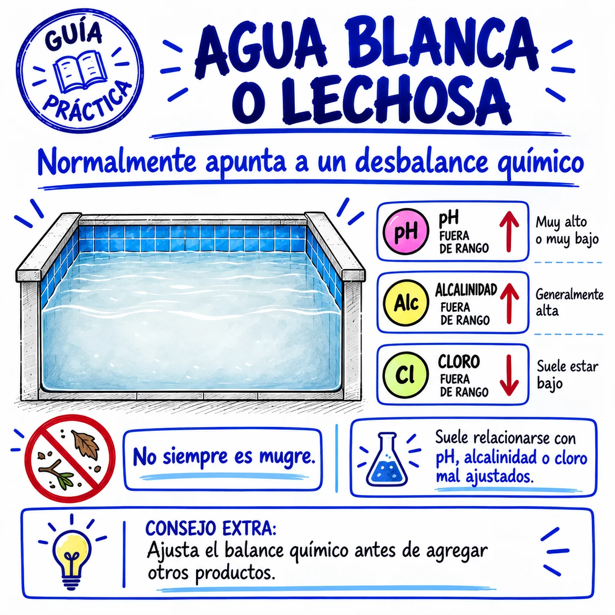 Agua blanca o lechosa: desbalance de pH, alcalinidad y cloro