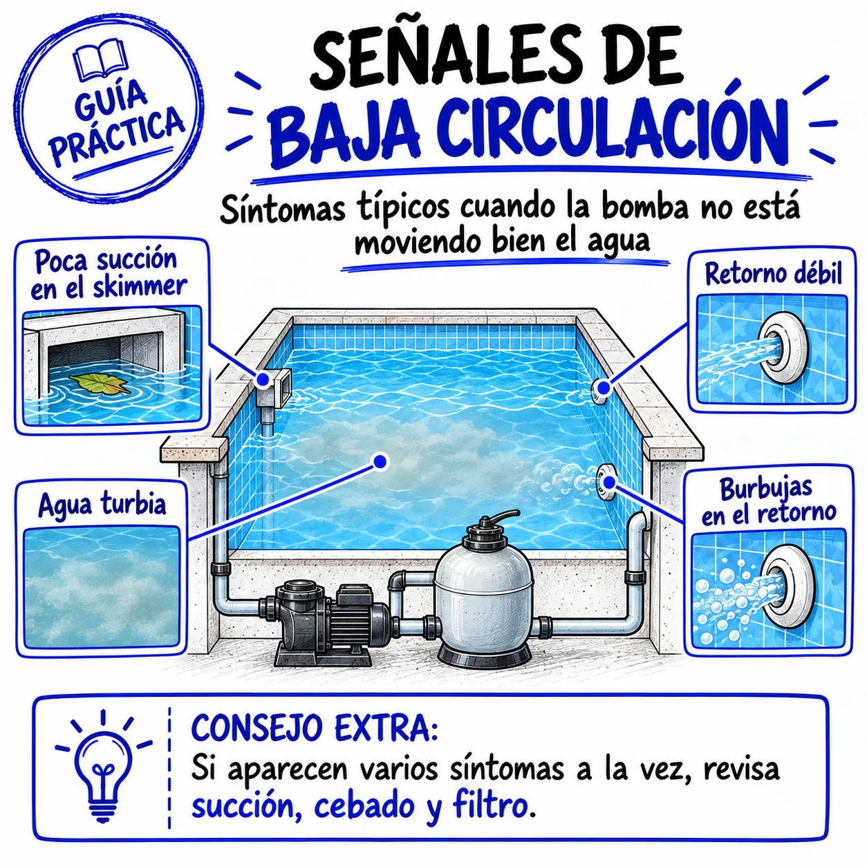 Señales de baja circulación: retorno débil, burbujas, agua turbia y poca succión