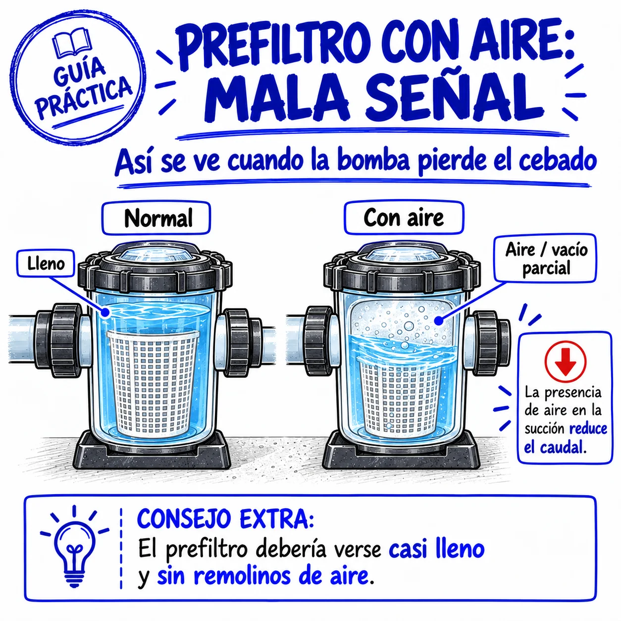 Prefiltro con aire: así se ve cuando la bomba pierde el cebado