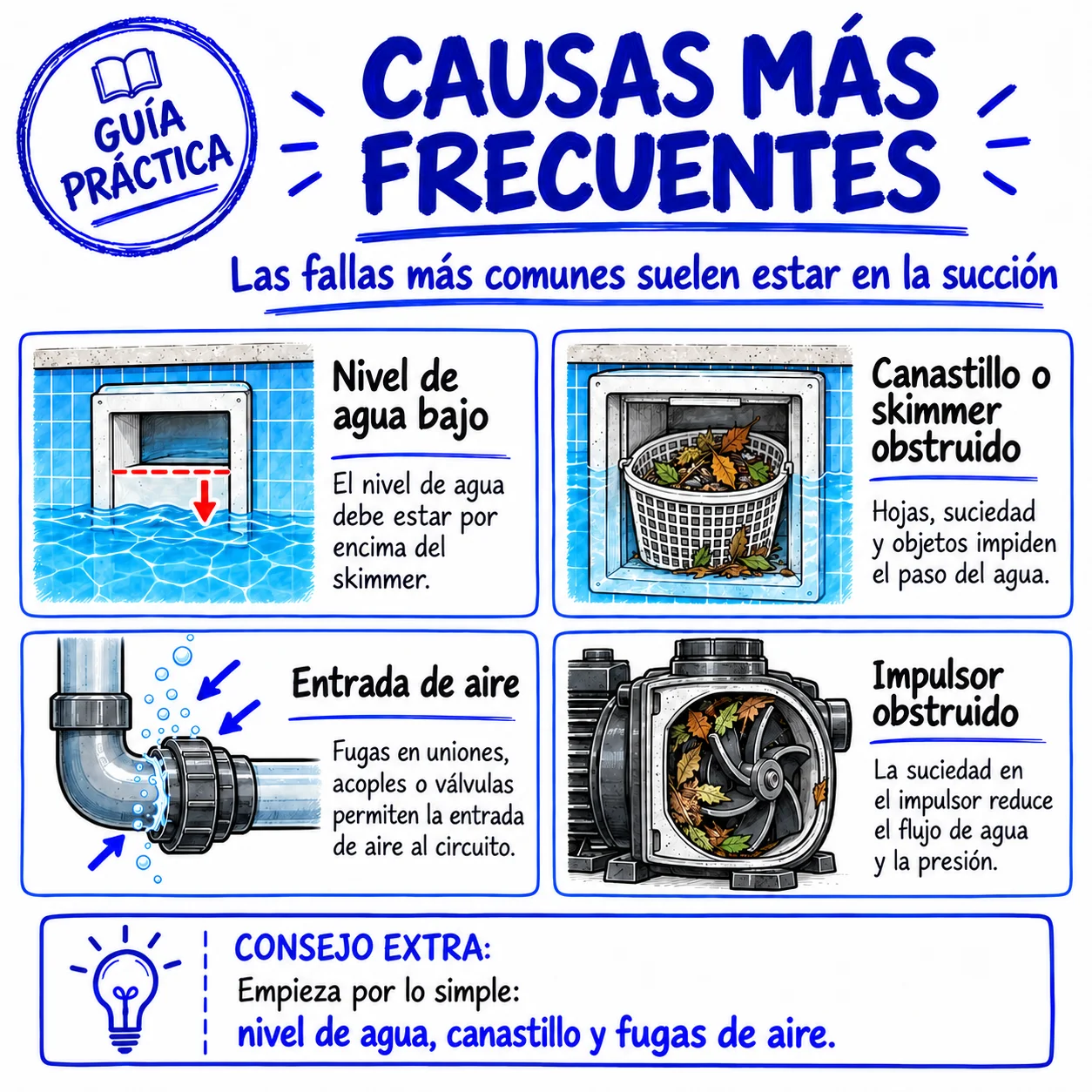 Causas más frecuentes: nivel de agua bajo, canastillo obstruido, entrada de aire e impulsor obstruido