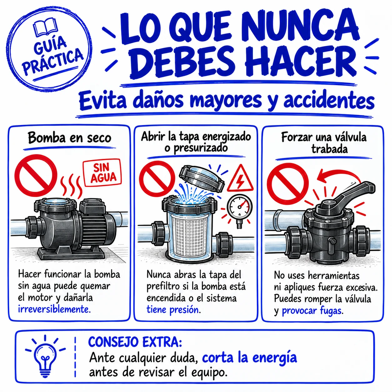 Lo que nunca debes hacer: bomba en seco, abrir con presión, forzar válvulas
