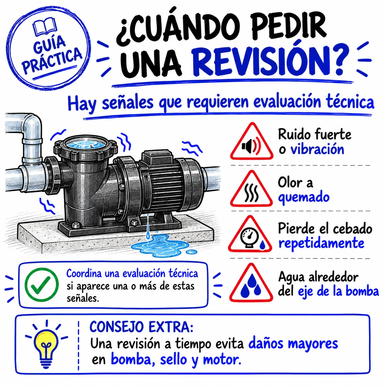 ¿Cuándo pedir una revisión? Ruido fuerte, olor a quemado, pierde el cebado, agua en el eje