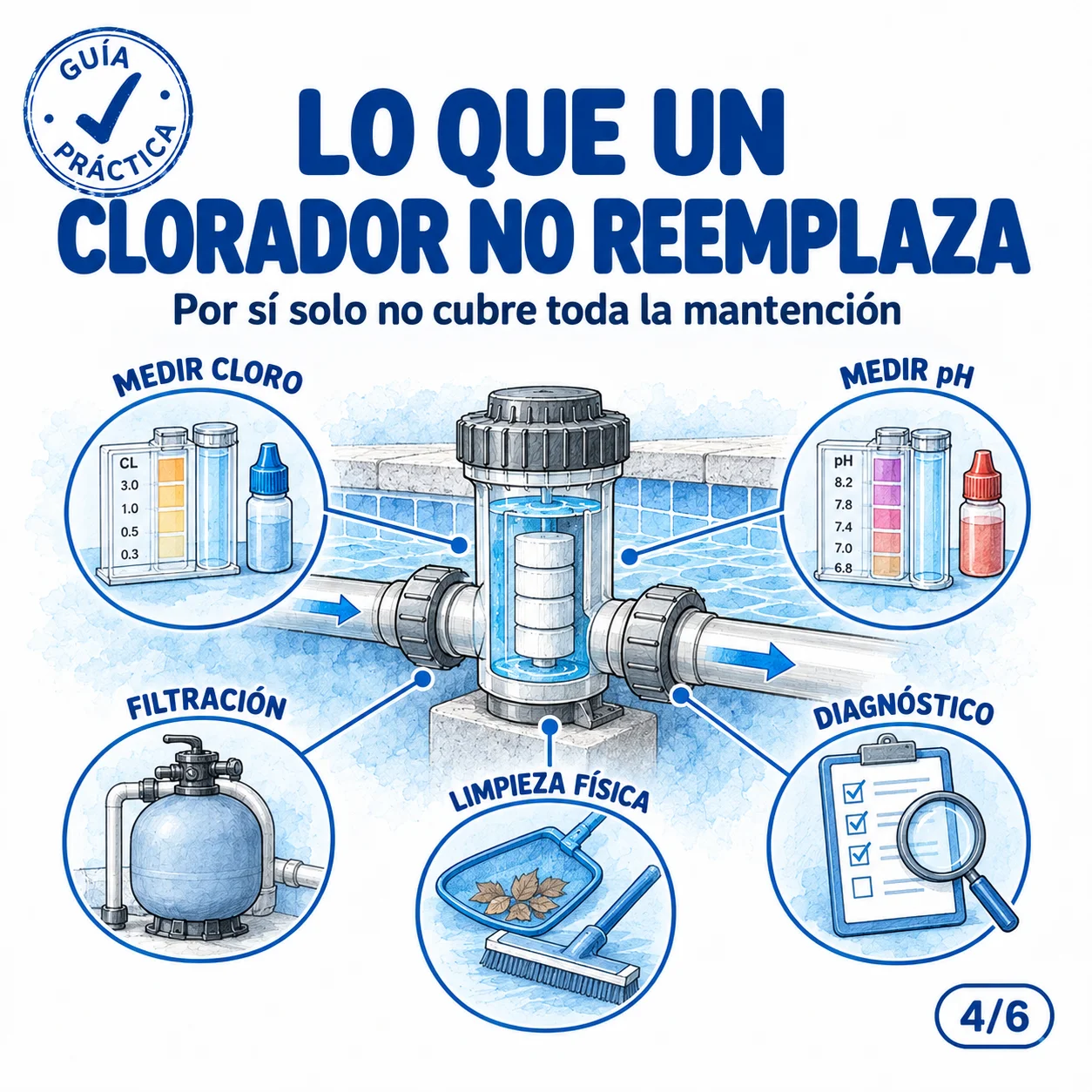 Lo que un clorador no reemplaza: medir cloro y pH, filtración, limpieza y diagnóstico