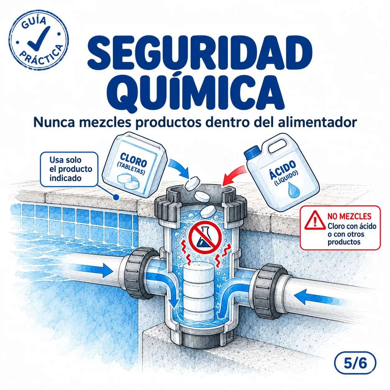 Seguridad química: nunca mezcles productos incompatibles dentro del clorador