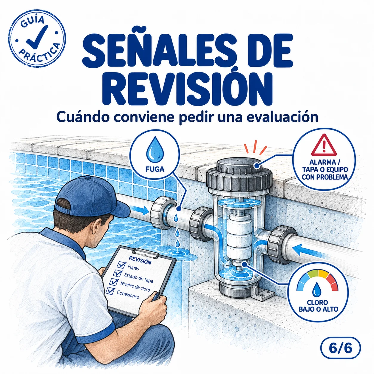 Señales de que el clorador necesita revisión: cloro bajo, exceso, fugas o alarma