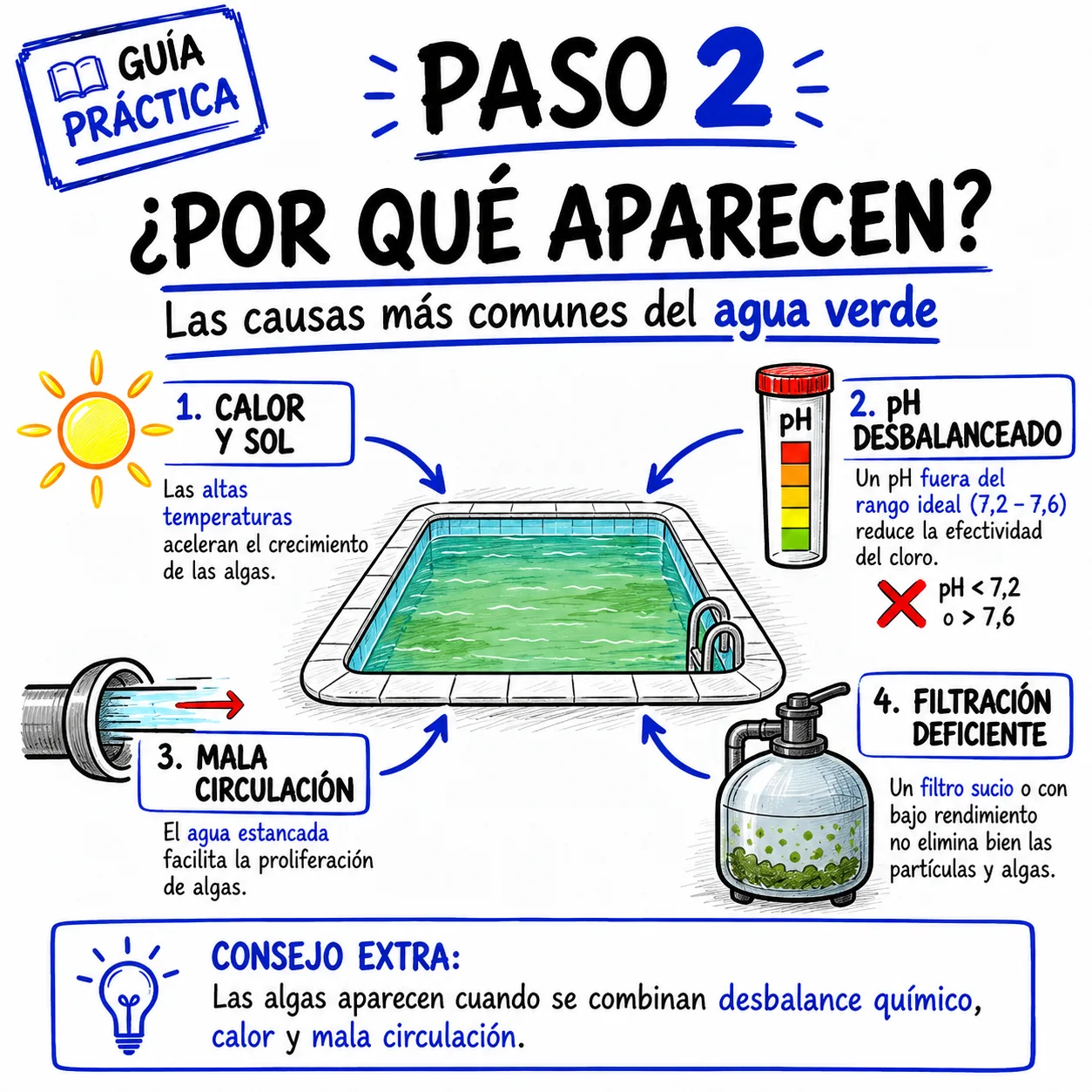 Por qué aparecen las algas: calor, pH desbalanceado, mala circulación y filtración deficiente
