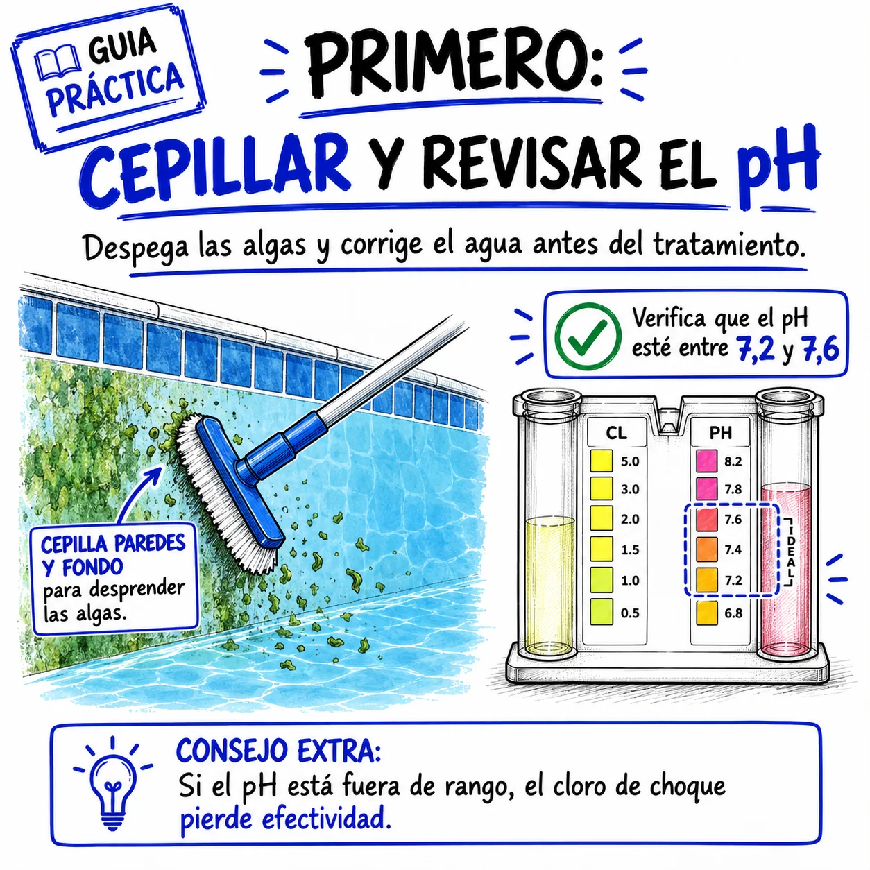 Primero: cepillar paredes y fondo, y revisar que el pH esté entre 7,2 y 7,6