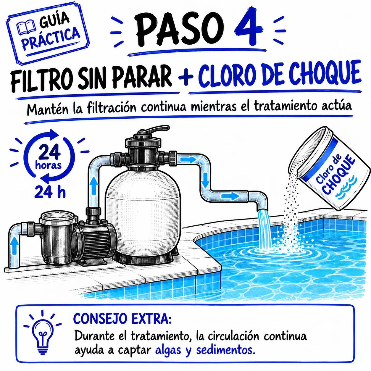 Filtro funcionando sin parar y cloro de choque aplicado al agua