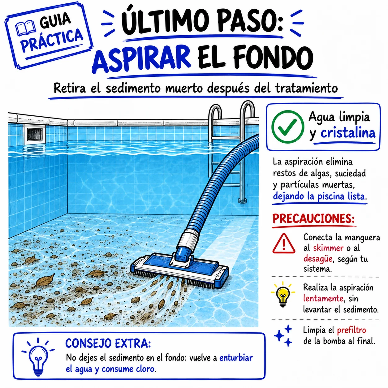 Último paso: aspirar el fondo para retirar el sedimento