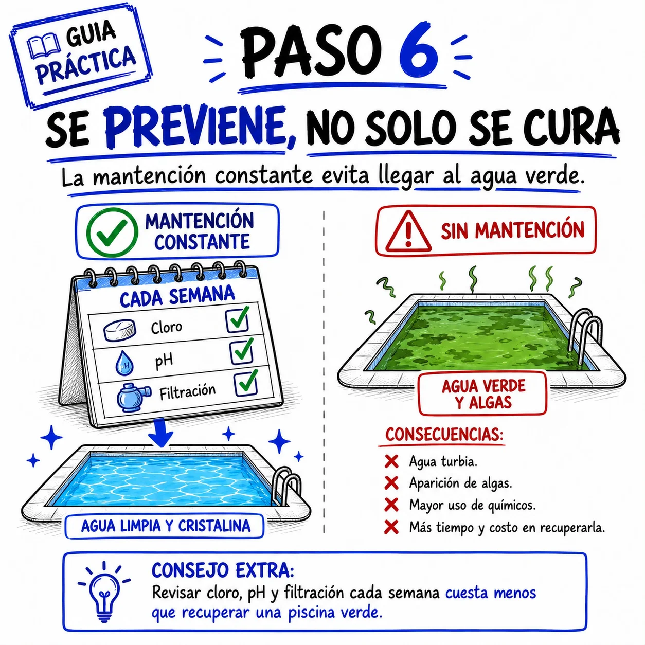 Se previene, no solo se cura: mantención constante vs piscina verde con algas