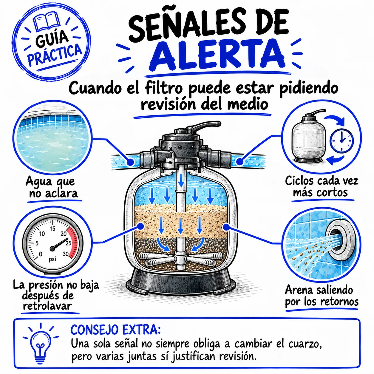 Señales de alerta: agua que no aclara, ciclos cortos, presión que no baja, arena en los retornos