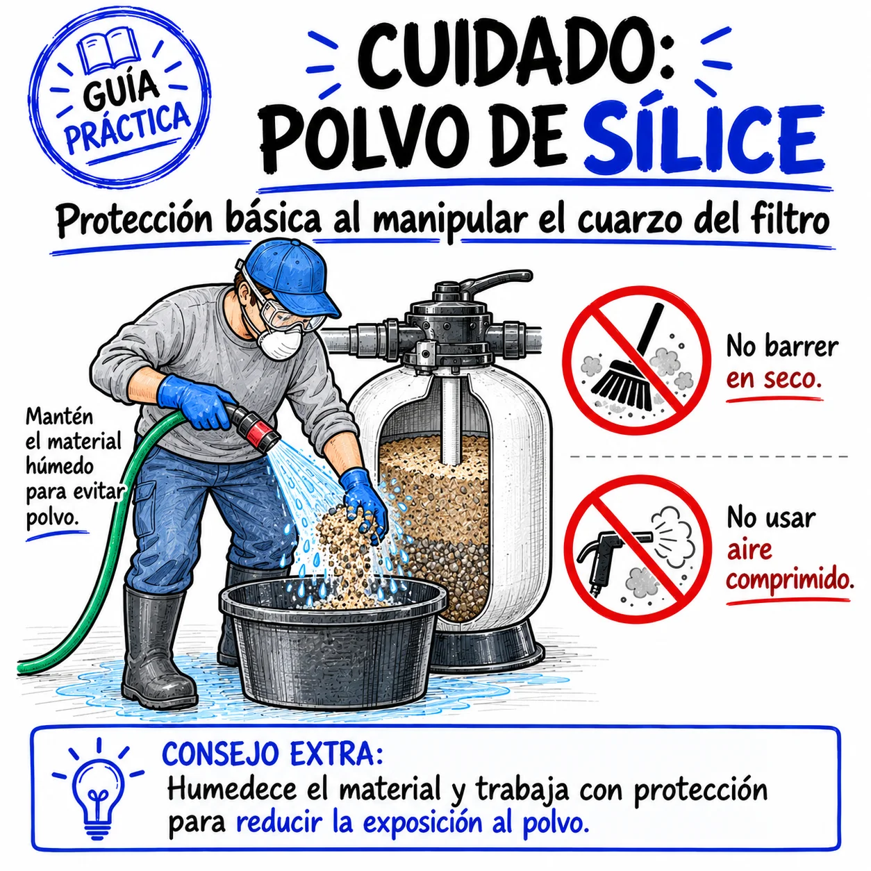 Cuidado con el polvo de sílice: usar método húmedo y protección adecuada