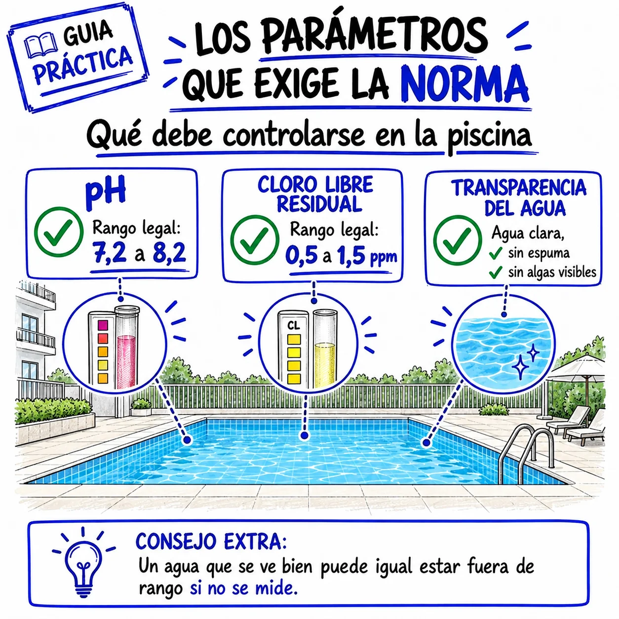 Los parámetros que exige la norma: pH, cloro libre residual y transparencia