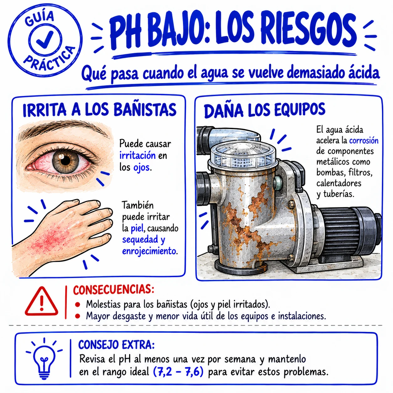 pH bajo: riesgos de irritación en bañistas y daño en equipos