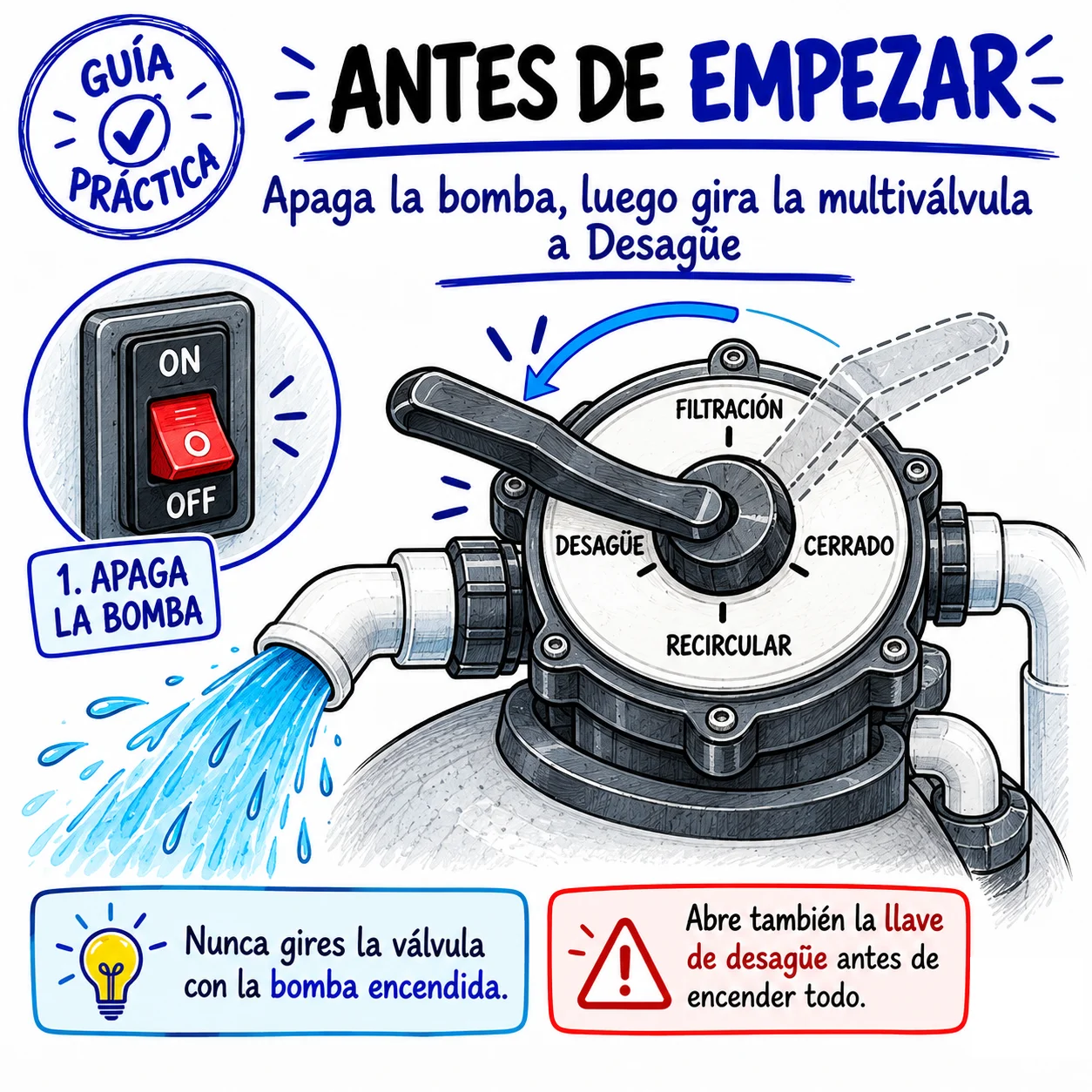 Antes de empezar: apaga la bomba y gira la multiválvula a Desagüe