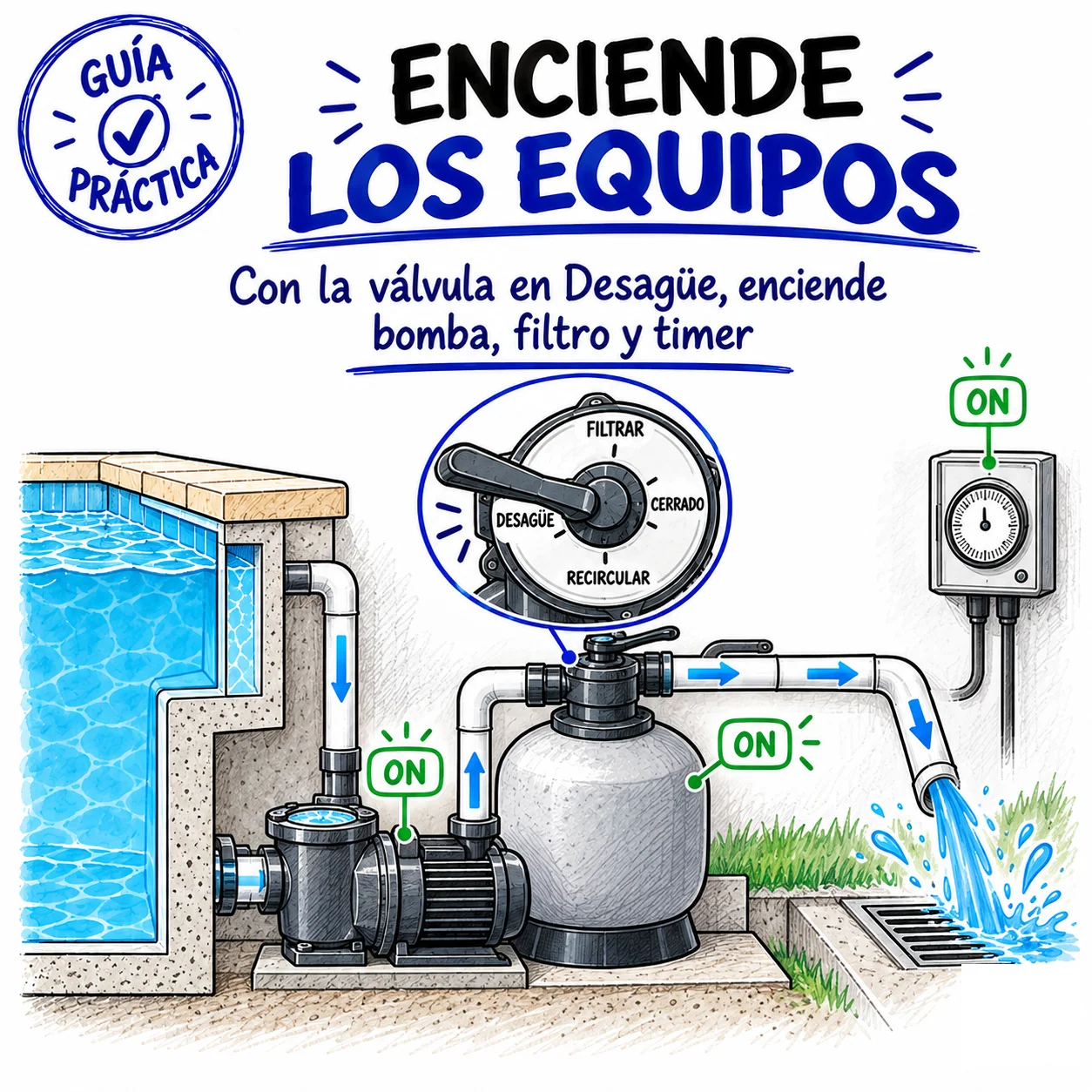 Enciende bomba, filtro y timer con la válvula en Desagüe