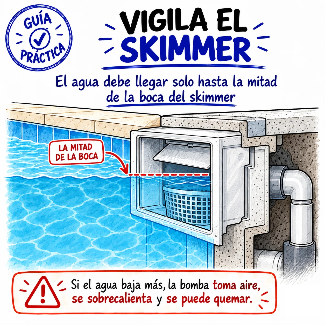 Vigila el skimmer: el agua debe llegar solo hasta la mitad de la boca