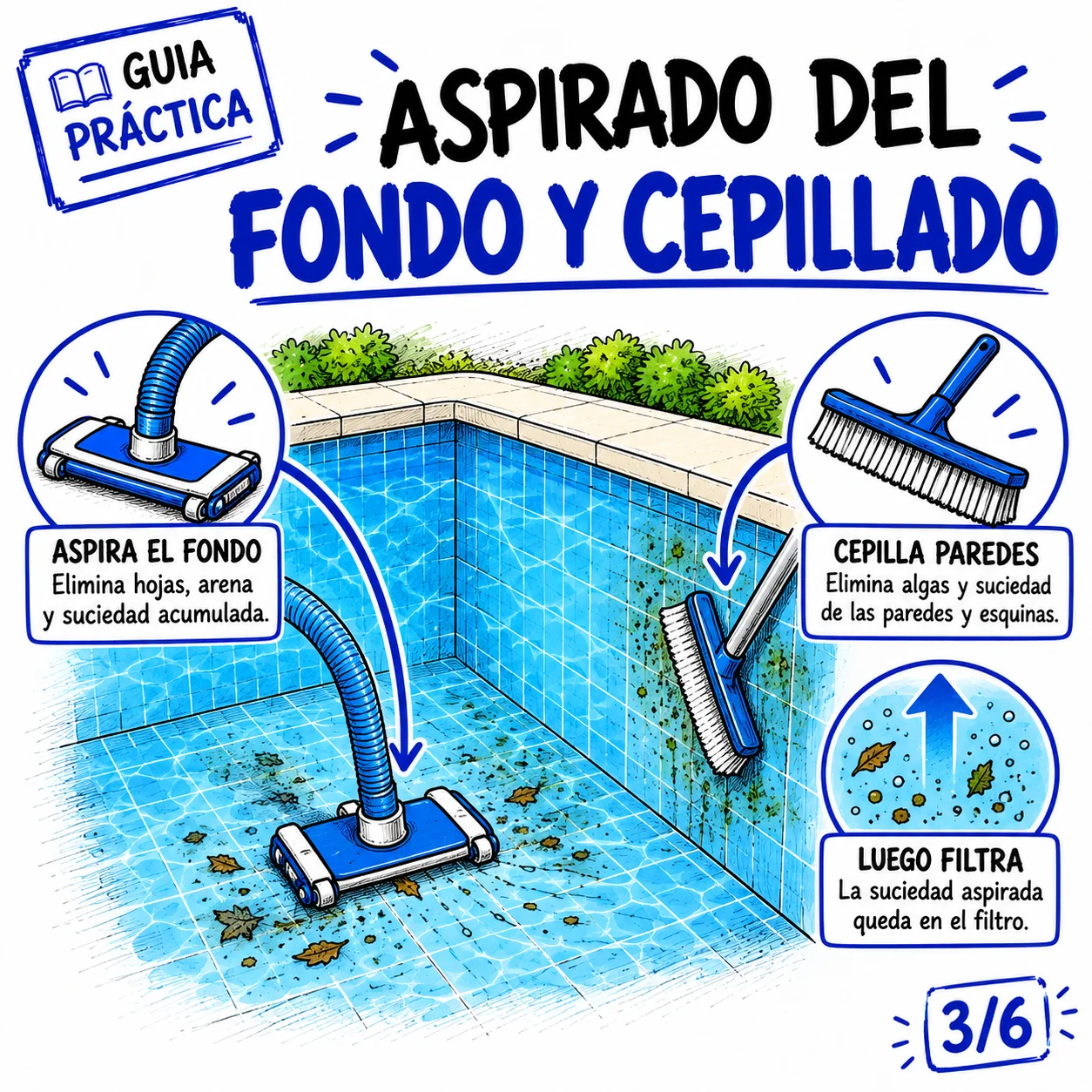 Aspirado del fondo de la piscina y cepillado de muros y esquinas