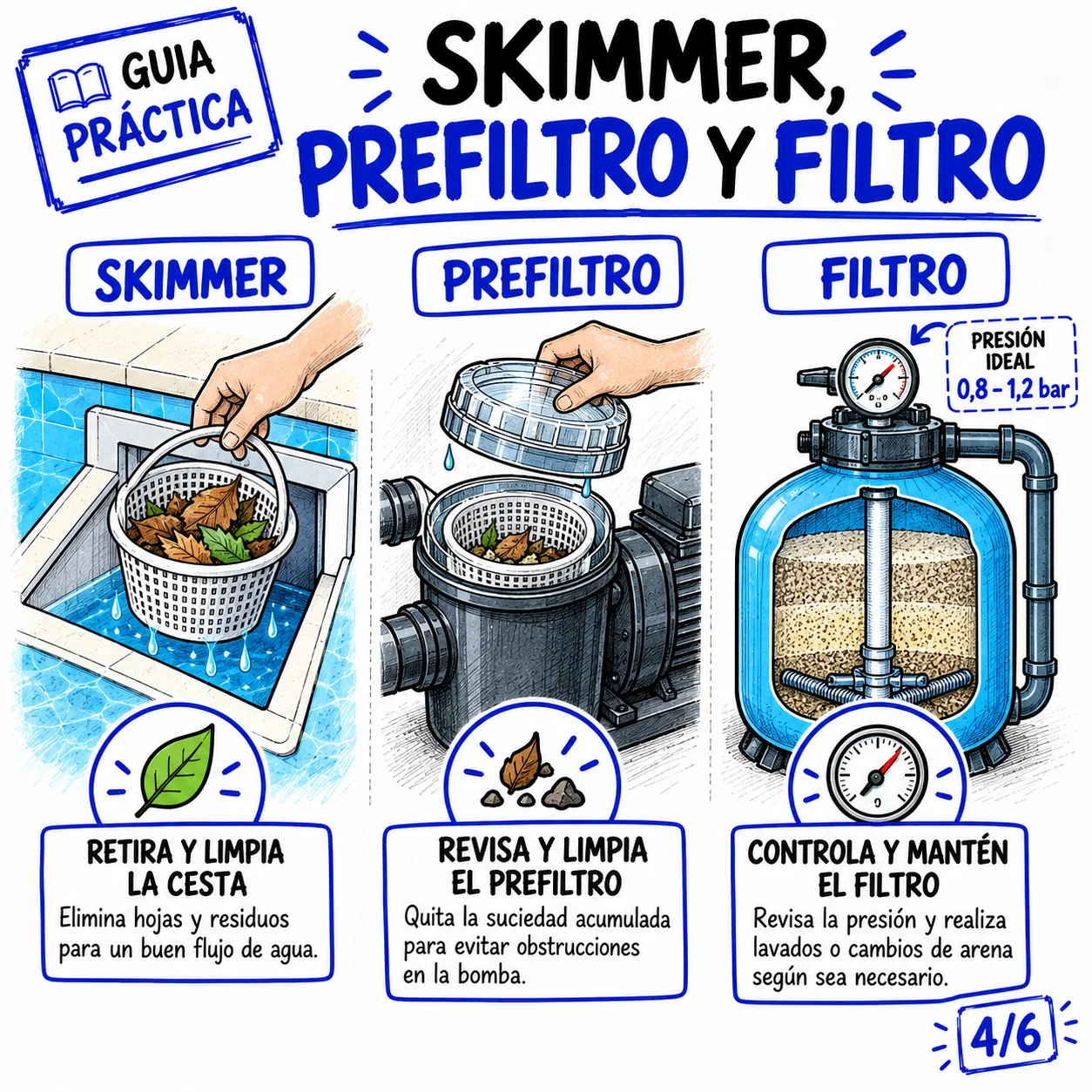 Limpieza del skimmer, el prefiltro y revisión del filtro