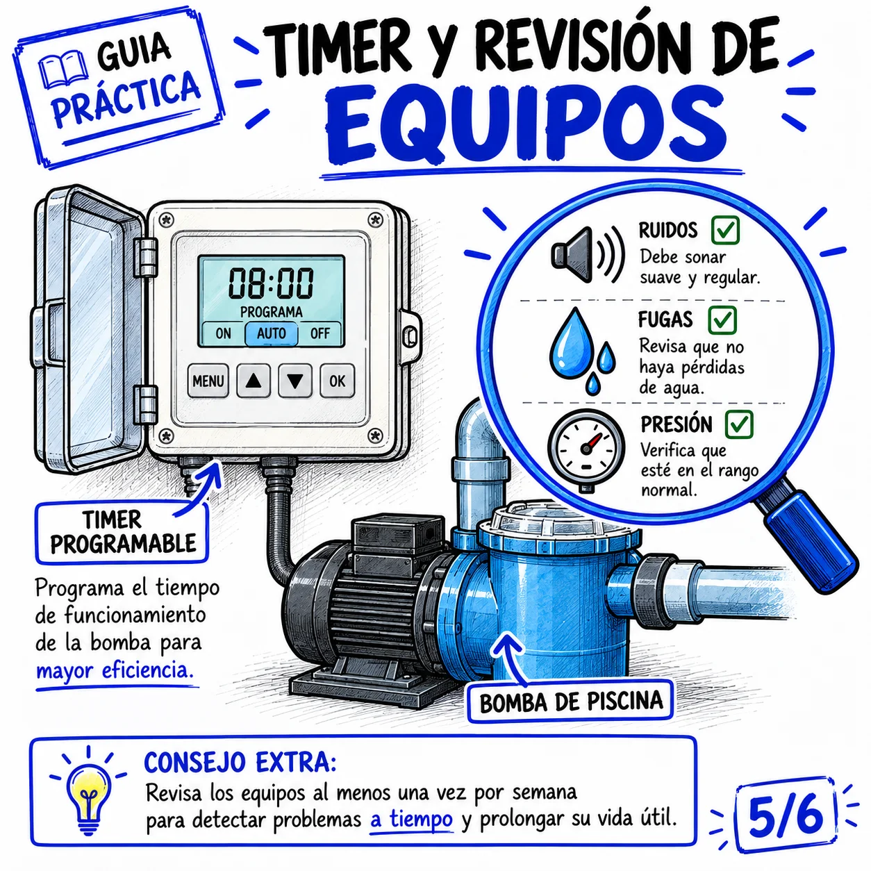 Timer programable y revisión visual de la bomba: ruidos, fugas y presión