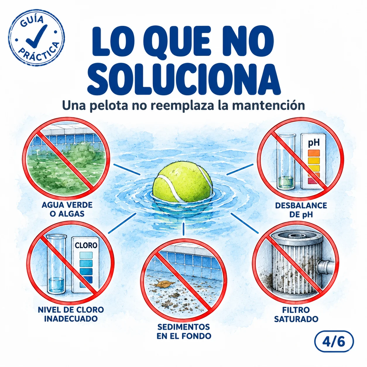 Qué NO soluciona: agua verde, pH, cloro, filtro saturado ni sedimento del fondo