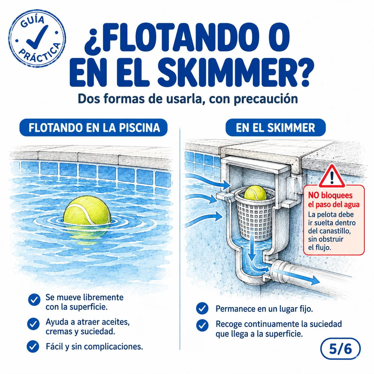 ¿Flotando o en el skimmer? No bloquear el canastillo ni la succión