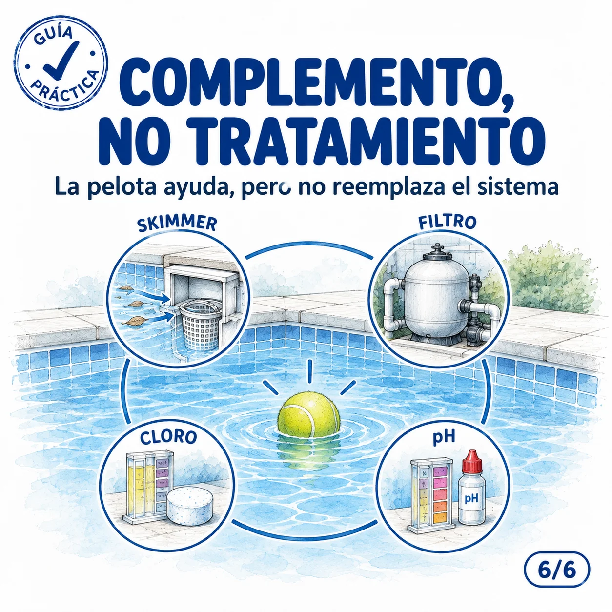 Úsalo como complemento, no como tratamiento: no reemplaza skimmer, filtro ni química