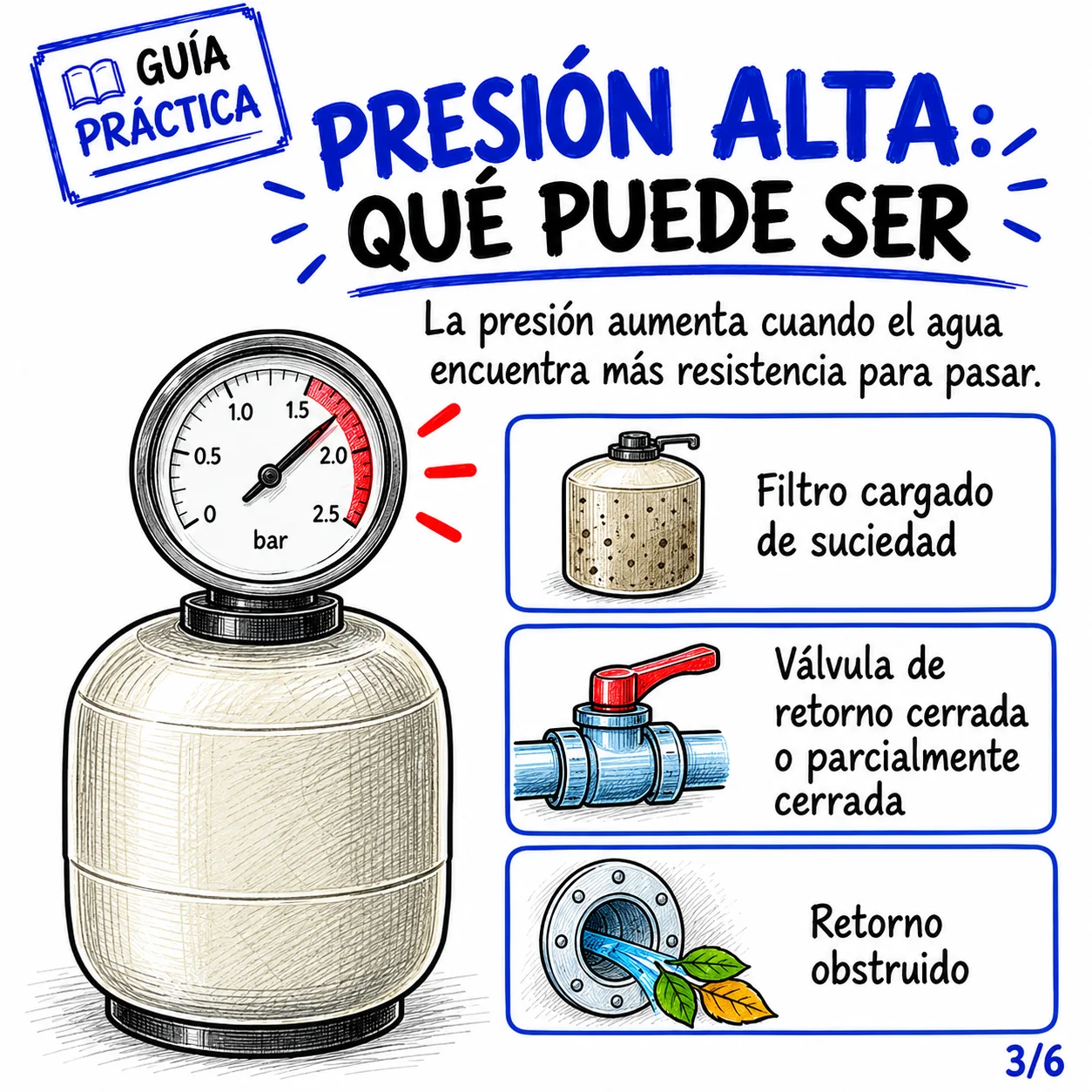 Presión alta: qué puede ser — filtro cargado, válvula cerrada, retorno obstruido
