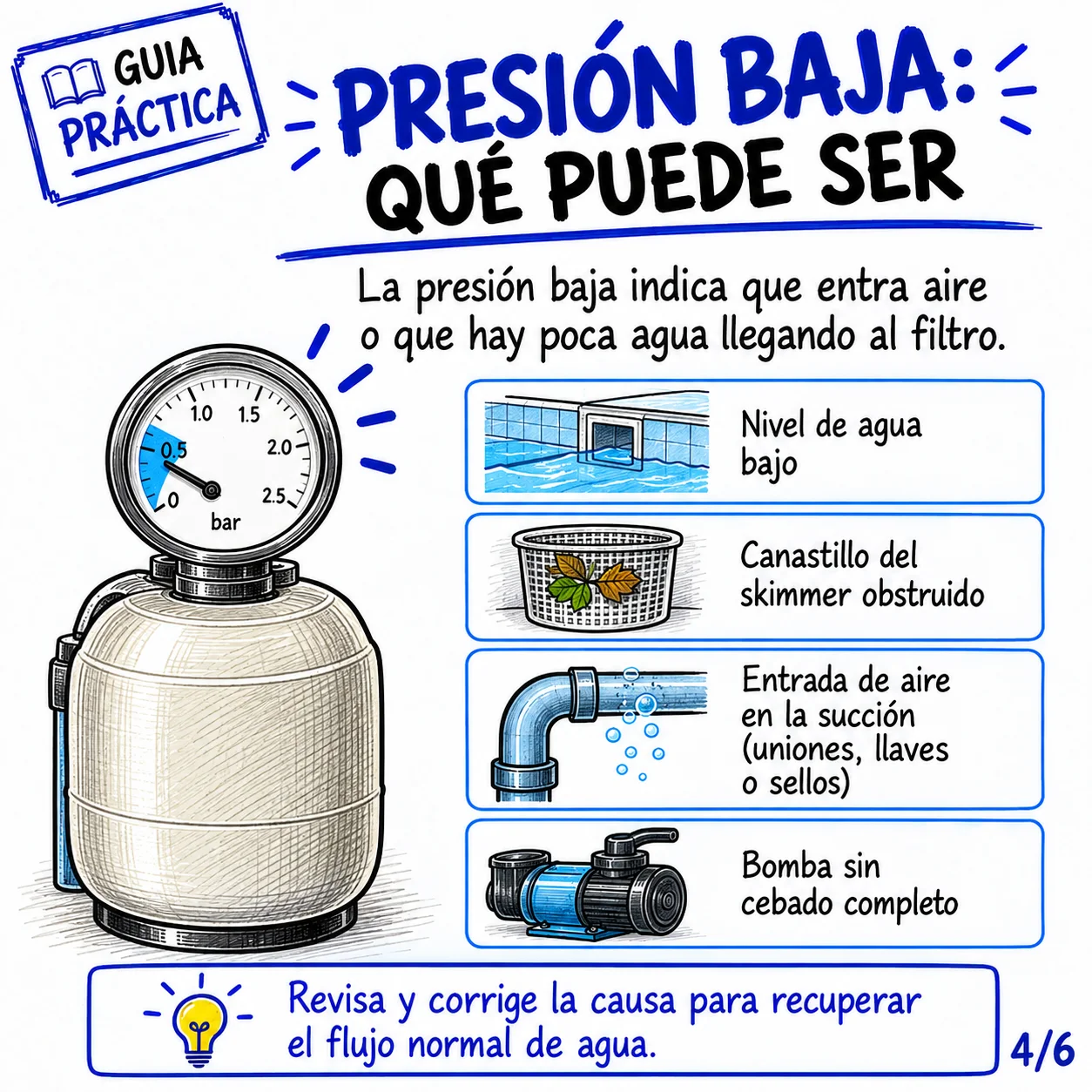 Presión baja: qué puede ser — nivel de agua bajo, canastillo obstruido, entrada de aire, bomba sin cebado