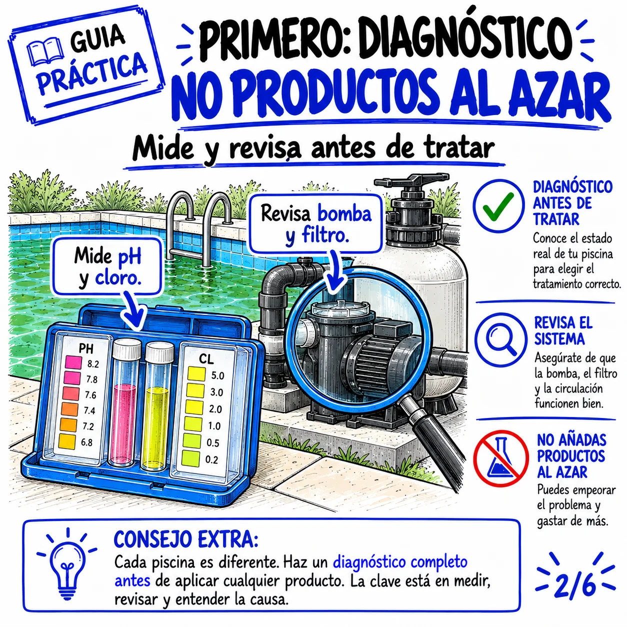Primero: diagnóstico, no productos al azar — mide pH, cloro y revisa bomba y filtro