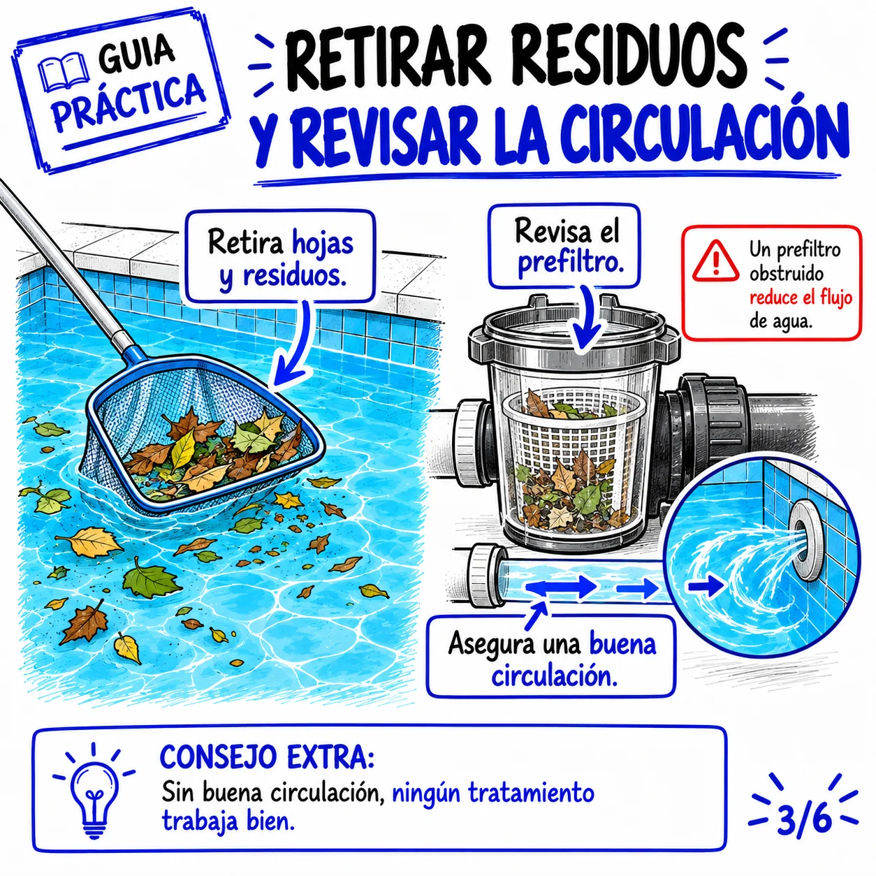 Retirar residuos y revisar la circulación: red, prefiltro y flujo de agua