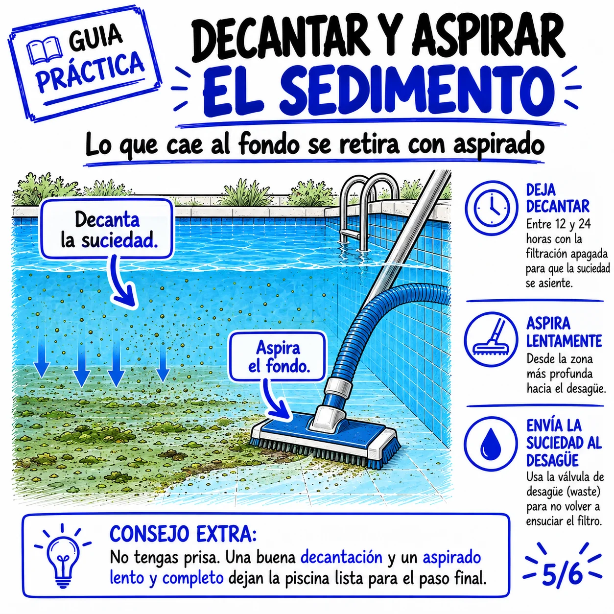 Decantar y aspirar el sedimento del fondo de la piscina