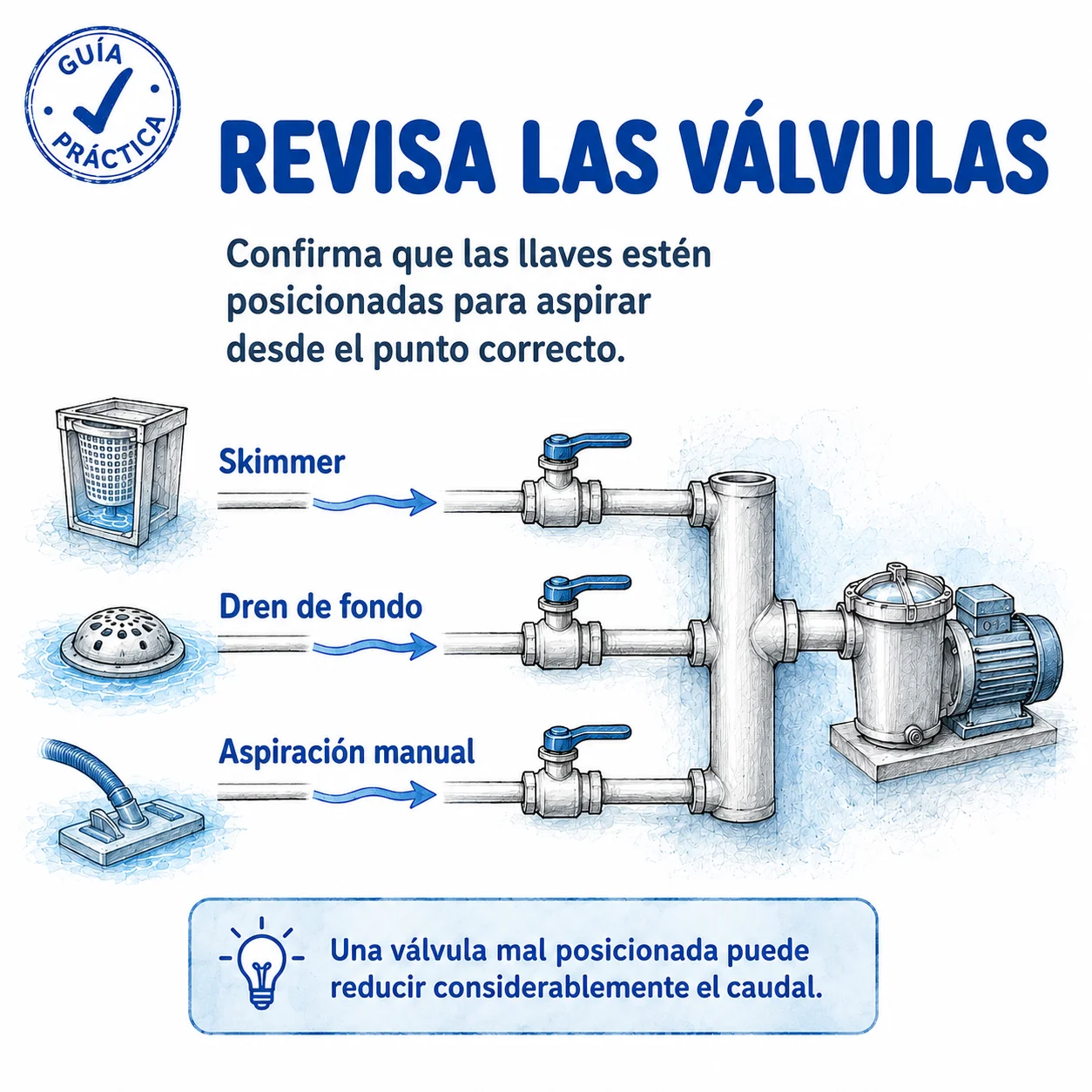Revisión de válvulas: skimmer, dren de fondo y aspiración manual