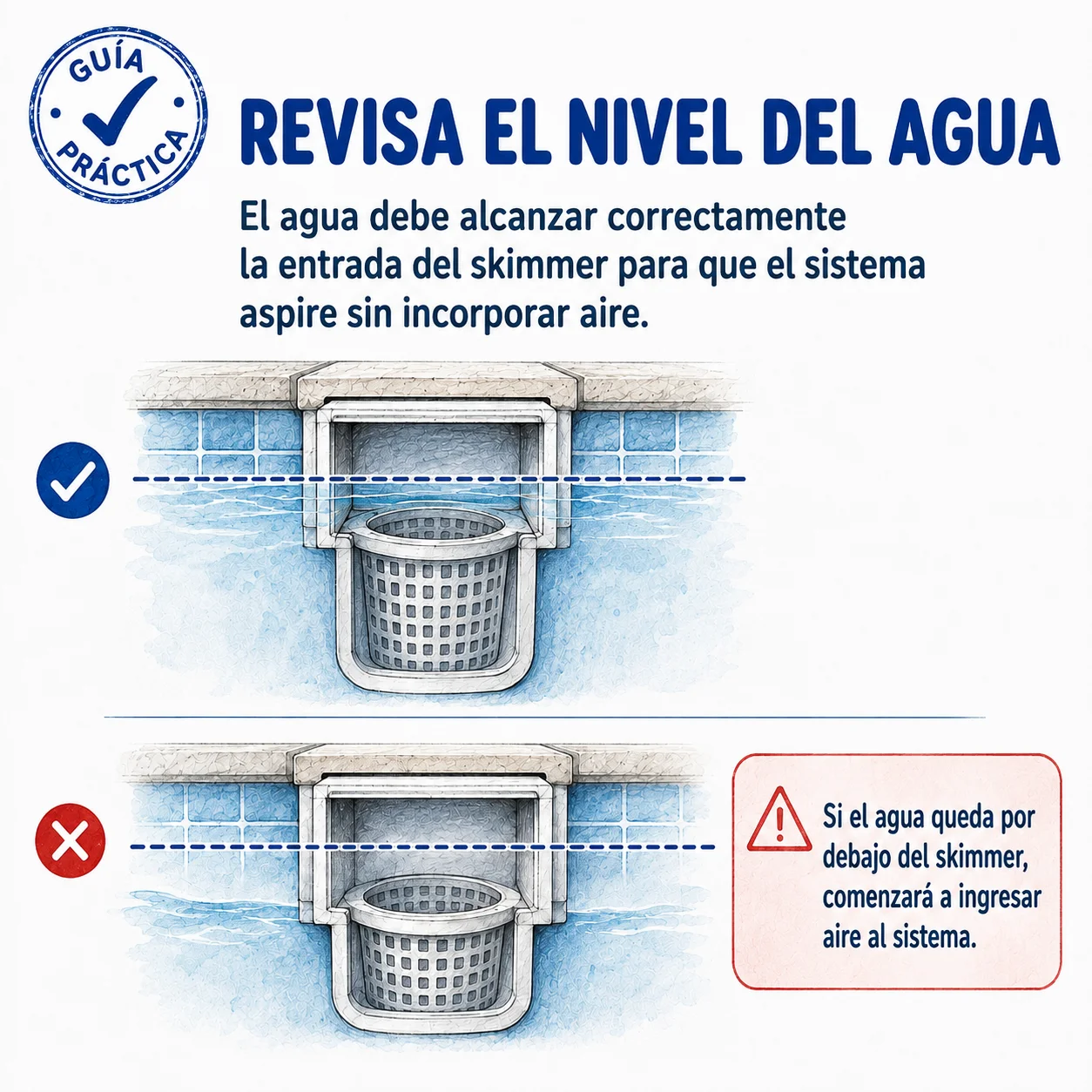 Revisa el nivel del agua respecto al skimmer