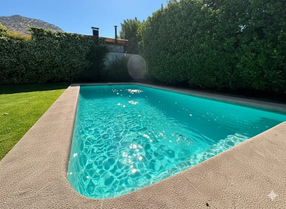 Piscina con revestimiento en fibra de vidrio terminado, llena de agua